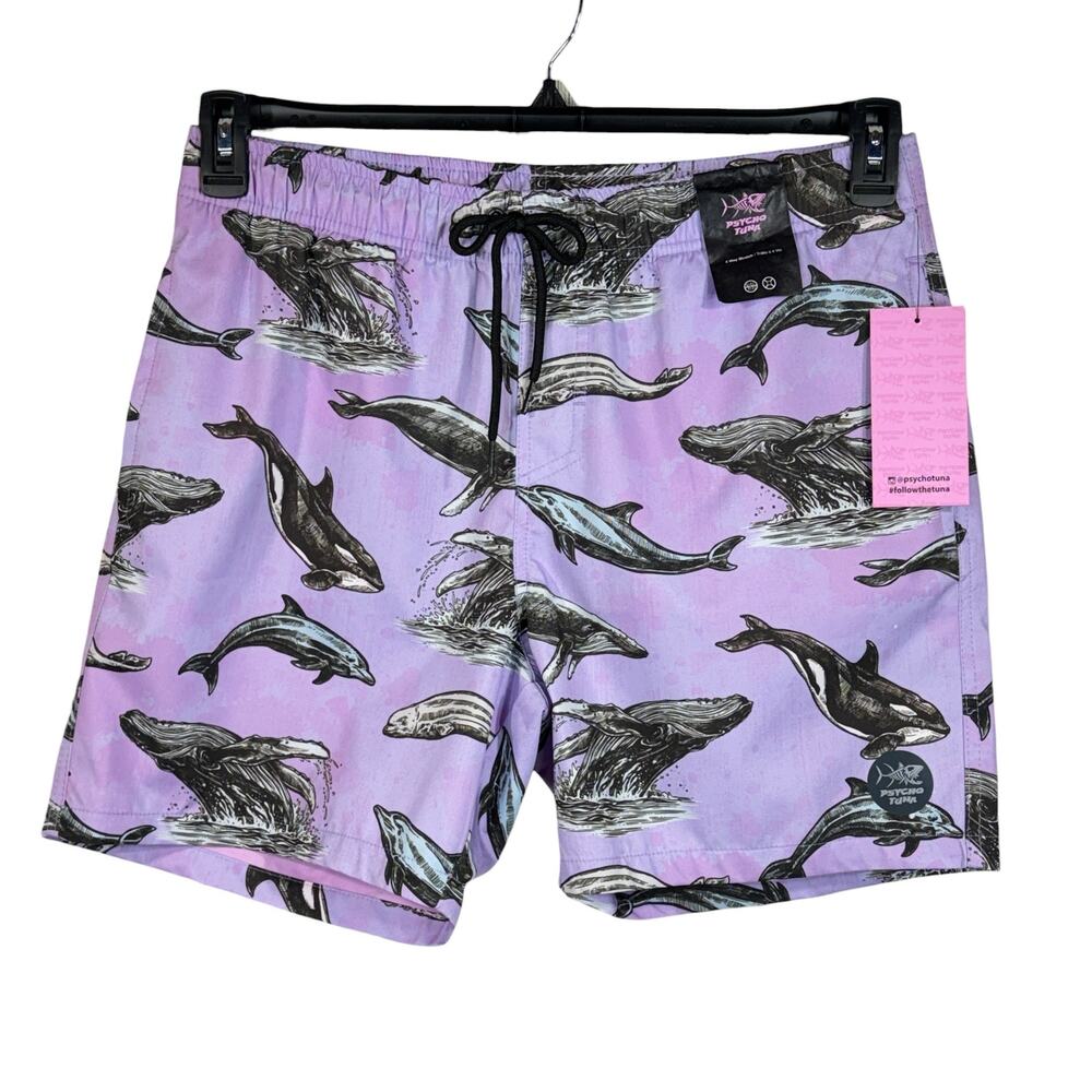 Psycho Tuna Large Mens Sea World Swim Shorts Trunks Pockets Whale Dolphin Purple